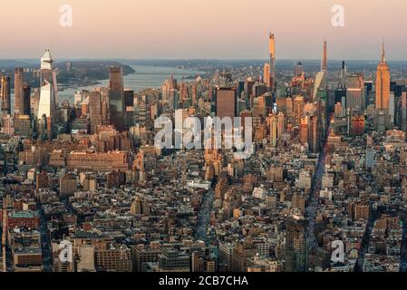 Golden Light Aerial View Of Manhattan Skyline Stock Photo