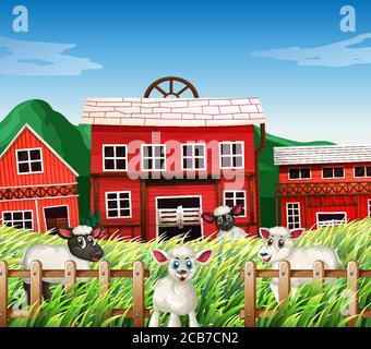 Farm scene with barns and tractor illustration Stock Vector Image & Art ...
