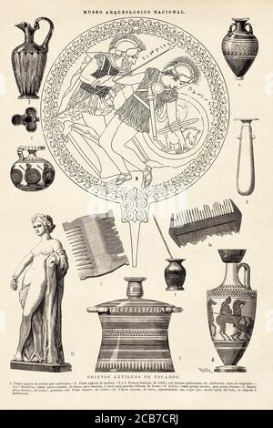 Toiletries from the ancient civilizations, Spanish National Archaeological Museum, Spain. Old XIX century engraved illustration from La Ilustracion Española y Americana 1894 Stock Photo