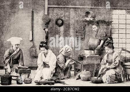 Old photograph. Japanese customs and traditions, daily life in a kitchen, Tokyo. Japan. Old XIX century engraved illustration from La Ilustracion Española y Americana 1894 Stock Photo