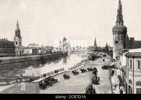 19th Century panoramic view of the city and the Kremlin, Moscow. Russia. Old XIX century engraved illustration from La Ilustracion Española y Americana 1894 Stock Photo