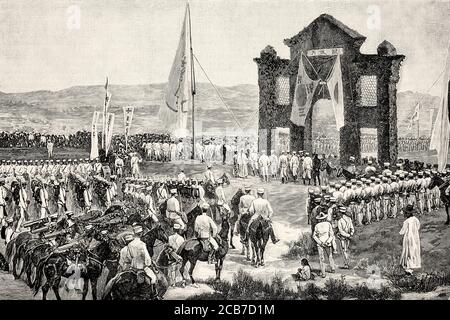 Battle of the Yalu River, First Sino-Japanese War, military festivals and triumphal arch to celebrate the victory of the japanese army. China. Old XIX century engraved illustration from La Ilustracion Española y Americana 1894 Stock Photo