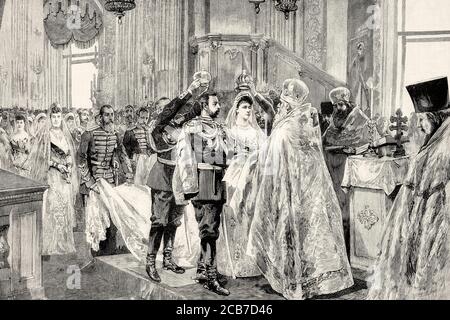 Coronation of Tsar Nicholas II and the Princess Alix of Hesse-Darmstadt at the Cathedral of the Assumption of Moscow on November 26, 1894. Russia. Old XIX century engraved illustration from La Ilustracion Española y Americana 1894 Stock Photo