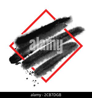 Black paint creative watercolor brush stroke design over red square frame for text. Abstract grunge splash textures background, vector used for decora Stock Vector