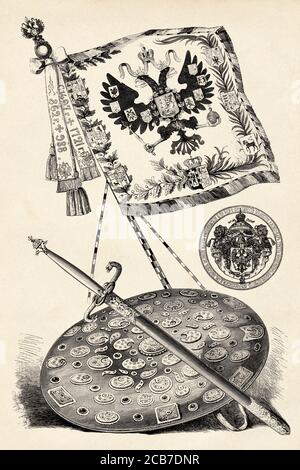 Russian Empire Coat of Arms, seal of the state sword and rodela of the emperor, Russia. Old XIX century engraved illustration from La Ilustracion Española y Americana 1894 Stock Photo