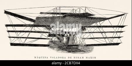 Flying Machine by Sir Hiram Maxim (1840-1916) British inventor. England. Old XIX century engraved illustration from La Ilustracion Española y Americana 1894 Stock Photo