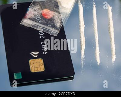 crystal meths line with money card and bag Stock Photo