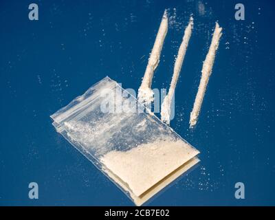 Drugs Lines on a mirror with bag Stock Photo
