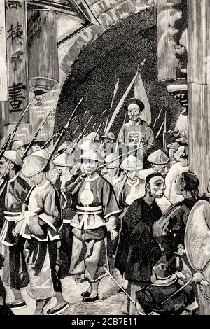 First Sino-Japanese War. Departure of Chinese army troops bound for Korea, China. Old XIX century engraved illustration from La Ilustracion Española y Americana 1894 Stock Photo
