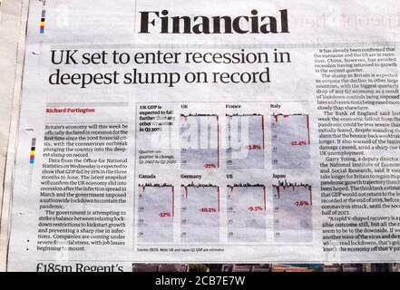 Financial page in the Guardian 'UK set to enter recession in deepest slump on record' following the Covid pandemic on 10 August 2020 in London UK Stock Photo