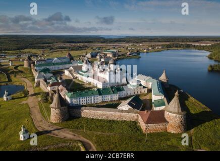 Panoramic landscape photo of the Solovetsky Monastery from a bird's-eye view. Russia, Arkhangelsk region, Solovetsky Islands Stock Photo