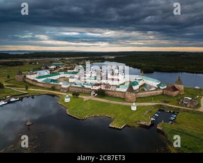 Panoramic landscape photo of the Solovetsky Monastery from a bird's-eye view. Russia, Arkhangelsk region, Solovetsky Islands Stock Photo