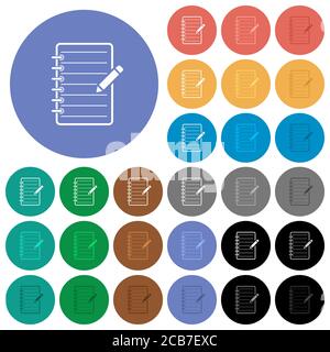 Spiral notepad with pencil multi colored flat icons on round backgrounds. Included white, light and dark icon variations for hover and active status e Stock Vector
