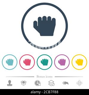 Right handed grab gesture flat color icons in round outlines. 6 bonus icons included. Stock Vector