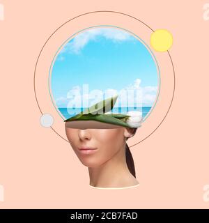 Beautiful woman thinking of resting and beach. Negative space to insert your text. Modern design. Contemporary colorful and conceptual bright art collage for advertising. Zine, retrowave style. Stock Photo