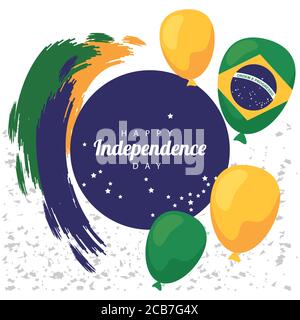 brazil happy independece day celebration with flag in balloons helium float circular frame vector illustration design Stock Vector