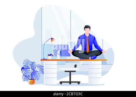 Businessman manager sitting in lotus pose on office desk. Office yoga 5-minute break. Man meditating in modern cabinet. Vector character illustration. Stock Vector