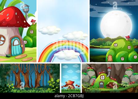 Six different scene of fantasy world with beautiful fairies in the fairy tale and ant with antnest, blank sky with rainbow, forest at night scene illu Stock Vector