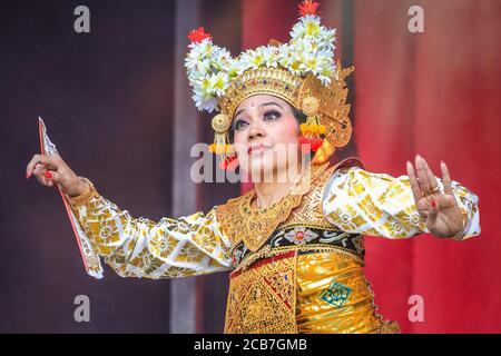 Indonesian dancers from group Lila Bhawa, performance at Eid Festival stage on Trafalgar Square, London, England Stock Photo
