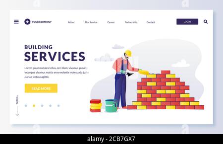 Construction worker in hard hat lays house brick wall. House construction and building services banner design template. Vector flat cartoon builder ch Stock Vector