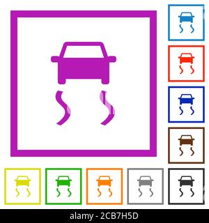 Slippery road dashboard indicator flat color icons in square frames on white background Stock Vector