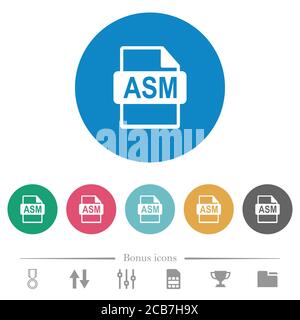 ASM file format flat white icons on round color backgrounds. 6 bonus icons included. Stock Vector