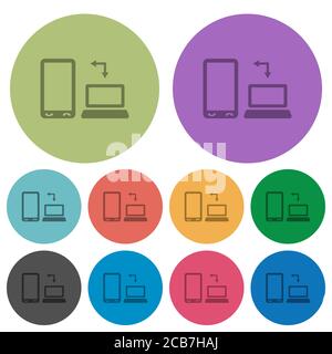 Syncronize mobile with computer darker flat icons on color round background Stock Vector