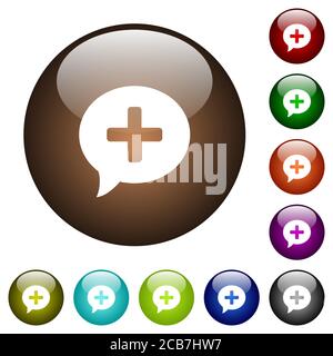 Add comment white icons on round glass buttons in multiple colors Stock Vector