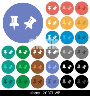 Toggle pin multi colored flat icons on round backgrounds. Included white, light and dark icon variations for hover and active status effects, and bonu Stock Vector