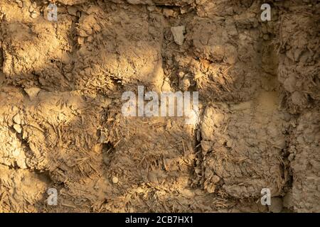 Wall made of clay bricks. Old style construction concept. Stock Photo