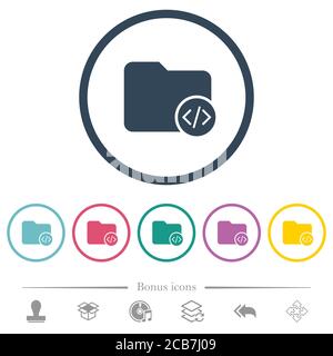 Source code directory flat color icons in round outlines. 6 bonus icons included. Stock Vector