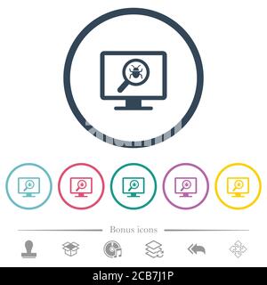 Spyware scanning flat color icons in round outlines. 6 bonus icons included. Stock Vector