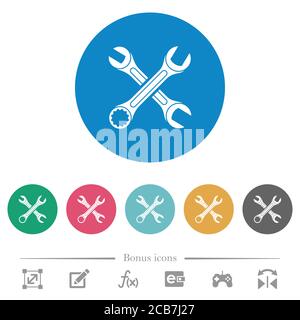 Two wrenches flat white icons on round color backgrounds. 6 bonus icons included. Stock Vector