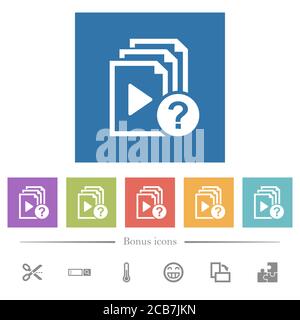 Unknown playlist flat white icons in square backgrounds. 6 bonus icons included. Stock Vector