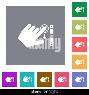 Left handed scroll down gesture flat icons on simple color square backgrounds Stock Vector