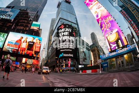 Public service advertising on the giant Nasdaq video screen in Times Square in New York on Thursday, August 6, 2020 (© Richard B. Levine) Stock Photo