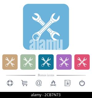 Two wrenches white flat icons on color rounded square backgrounds. 6 bonus icons included Stock Vector