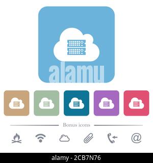 Cloud servers white flat icons on color rounded square backgrounds. 6 bonus icons included Stock Vector