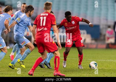 Sydney, Australia. 11th Aug, 2020. Adelaide United forward Pacifique Niyongabire (24) looks to shoot during the Hyundai A League match between Melbourne City and Adelaide United at the ANZ Stadium, Sydney, Australia on 11 August 2020. Photo by Peter Dovgan. Editorial use only, license required for commercial use. No use in betting, games or a single club/league/player publications. Credit: UK Sports Pics Ltd/Alamy Live News