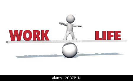 WORK LIFE lettering - red letters shown in balance and 3D people in the middle - isolated on white background - 3D illustration Stock Photo