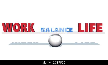 WORK LIFE BALANCE lettering - red letters shown in blue balance with shadow on the floor - isolated on white background - 3D illustration Stock Photo