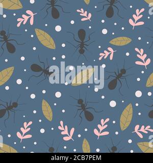 Nature seamless pattern with ants and leaves. Insects and plants. Vector illustration. Stock Vector