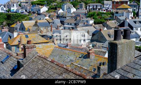 Port Isacc, UK - July 12, 2020:  Views over the rooftops of Port Isaac on the north coast of Cornwall, UK Stock Photo