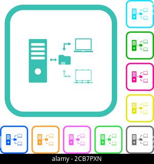 Network file system with server vivid colored flat icons in curved borders on white background Stock Vector