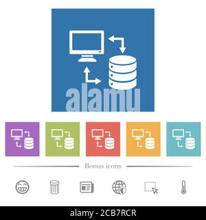 Syncronize data with database flat white icons in square backgrounds. 6 bonus icons included. Stock Vector