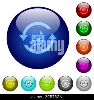 Log file rotation icons on round glass buttons in multiple colors. Arranged layer structure Stock Vector