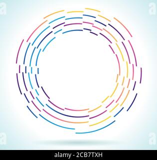 Multicolored rainbow circle isolated on white background with flying particles. Abstract vector background. Modern frame round rainbow color. Stock Vector