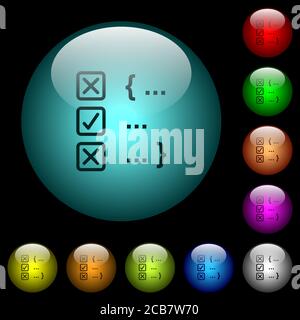 Source code checking icons in color illuminated spherical glass buttons on black background. Can be used to black or dark templates Stock Vector