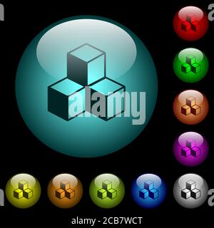 Cubes icons in color illuminated spherical glass buttons on black background. Can be used to black or dark templates Stock Vector