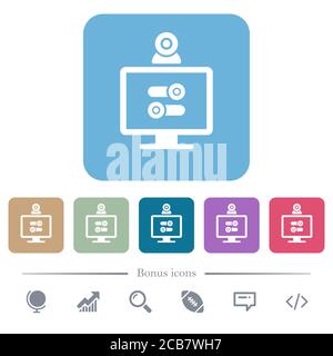 Webcam tweaking white flat icons on color rounded square backgrounds. 6 bonus icons included Stock Vector